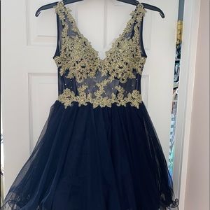 Blondie Nites- Navy blue and gold short homecoming/ cocktail dress
